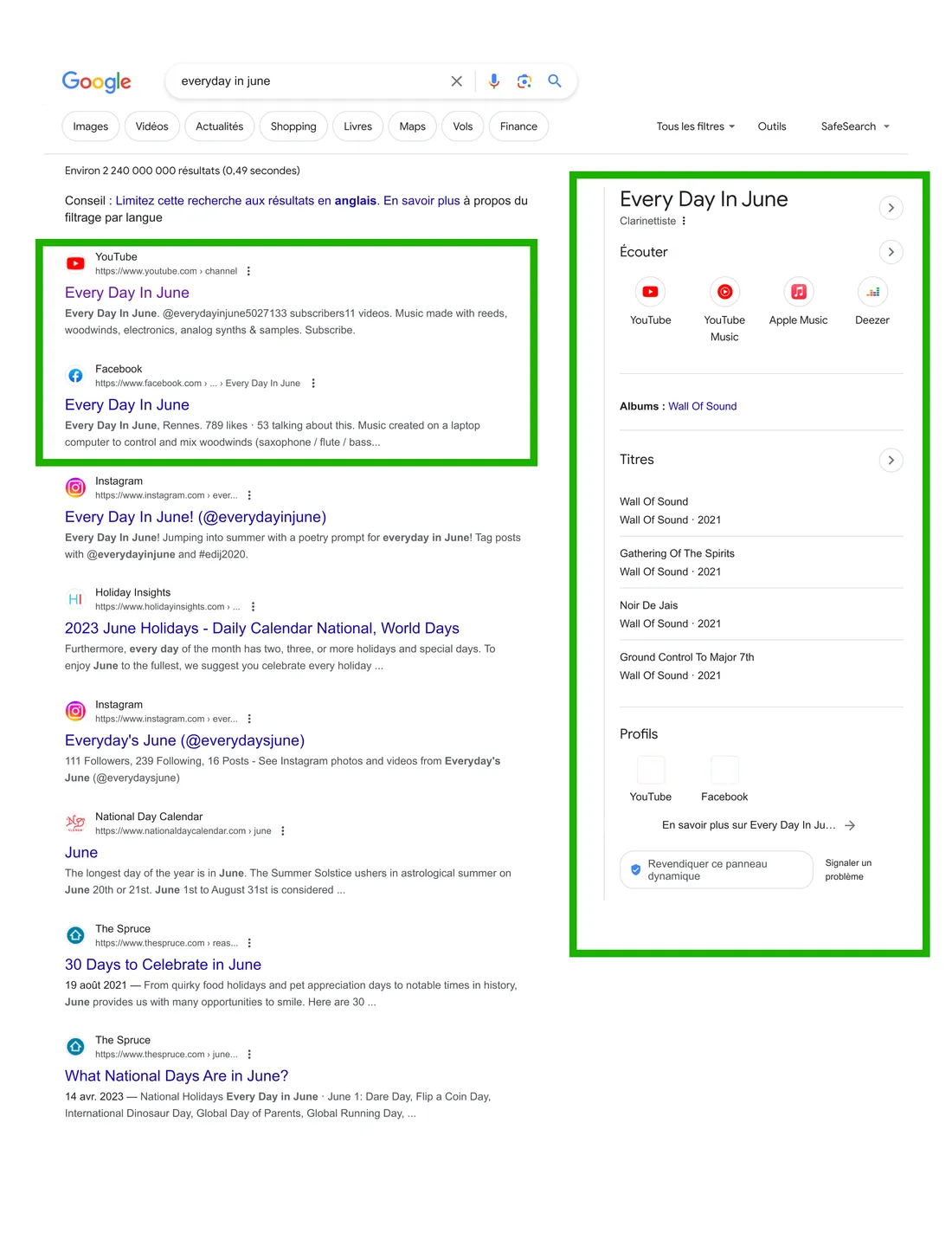 Google results for Every Day in June, with a knowledge panel